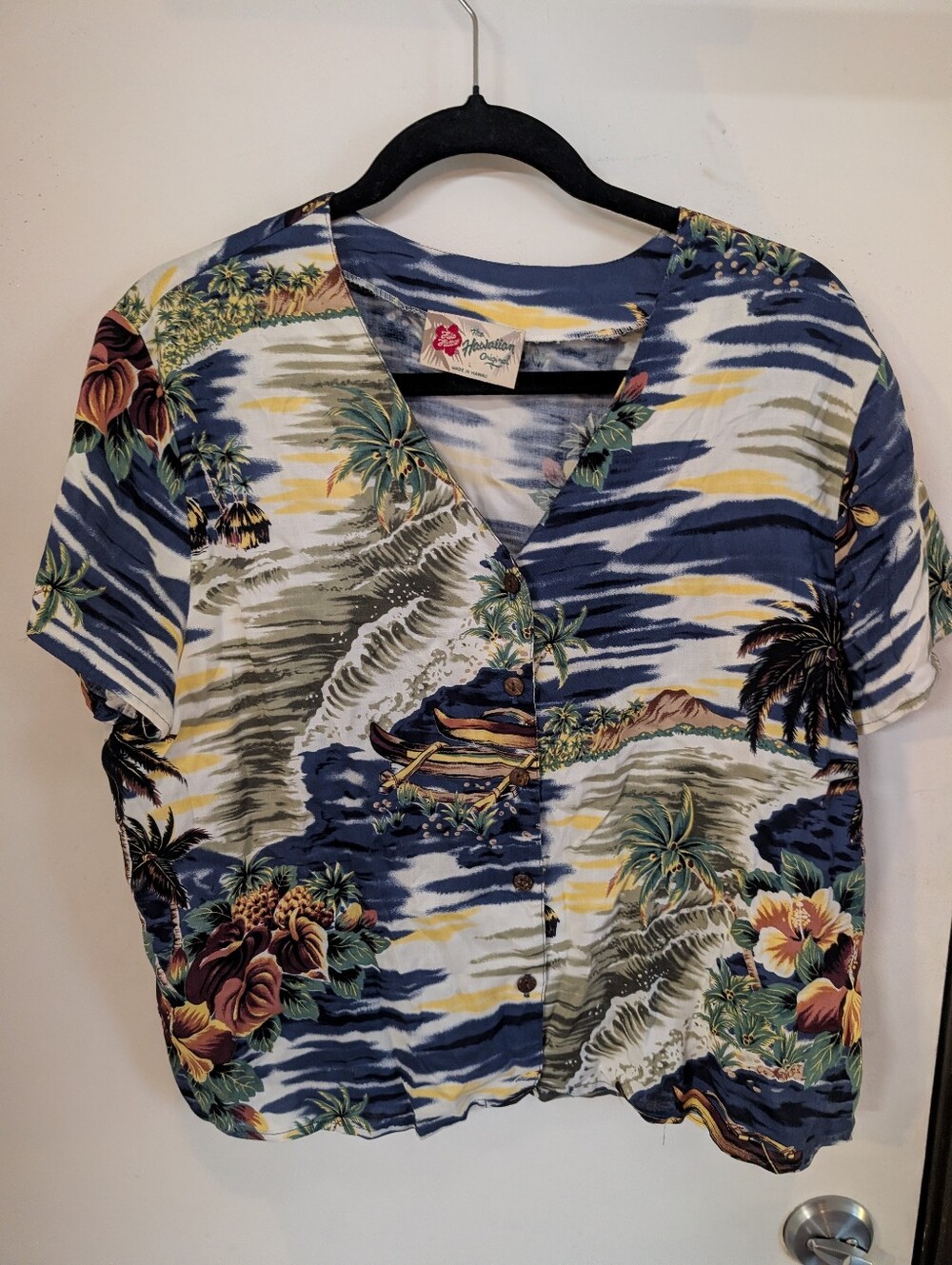 Hilo Hattie Navy, Cream & Yellow Tropical Button-Down Shirt